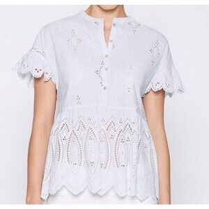 Joie Cerelia Striped Broderie Anglaise Trimmed Cotton Top Peplum Blue Small